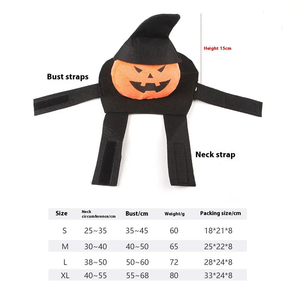 Dog wearing a PP cotton Halloween costume in a ghost or pumpkin ghost design.