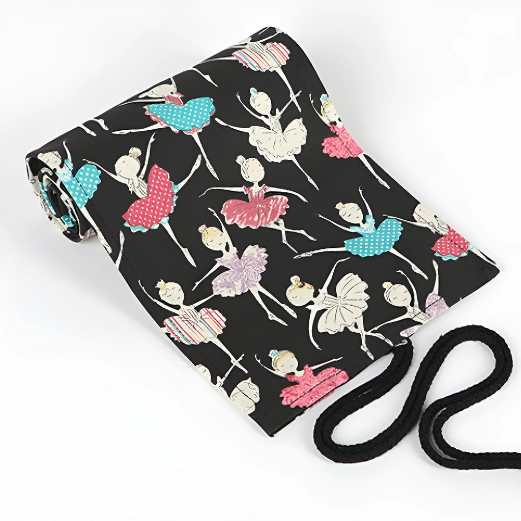 Square canvas rolling pencil case with Ballet Girl print, showing multiple holes for colour pencils.