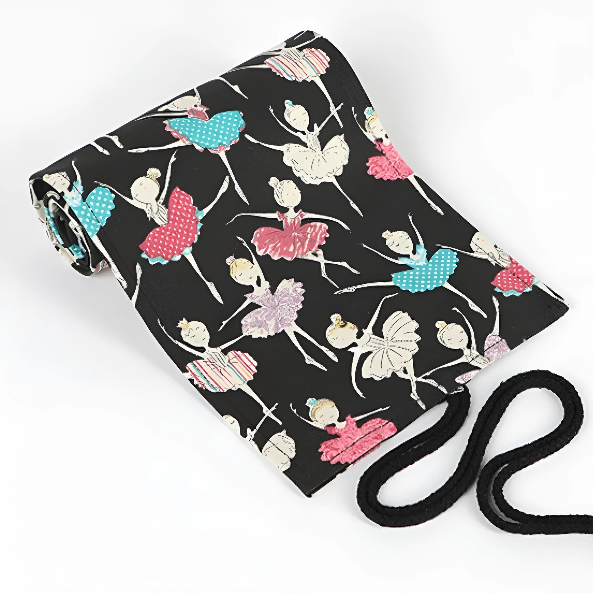 Square canvas rolling pencil case with Ballet Girl print, showing multiple holes for colour pencils.