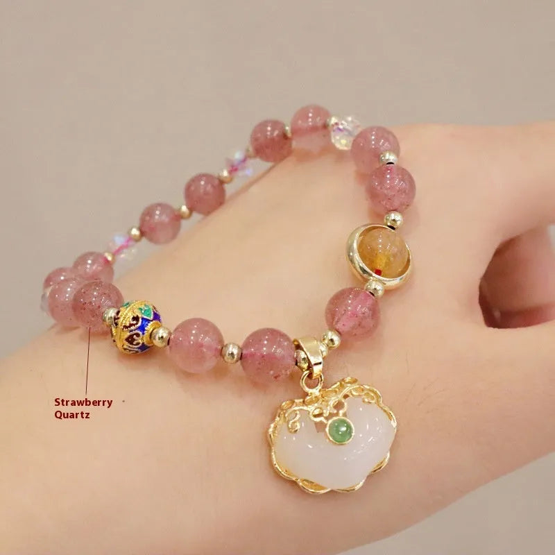 Women's geometric bracelet with grey jade and strawberry quartz options featuring three-dimensional metal ethnic decoration