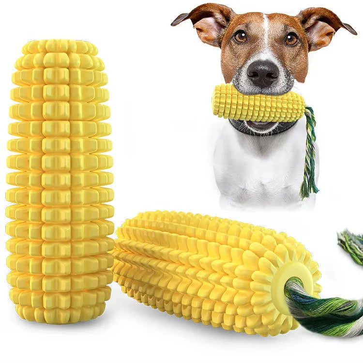 Yellow TPR simulation corn dog dog toy with bite-resistant surface, available with or without squeaker for play.