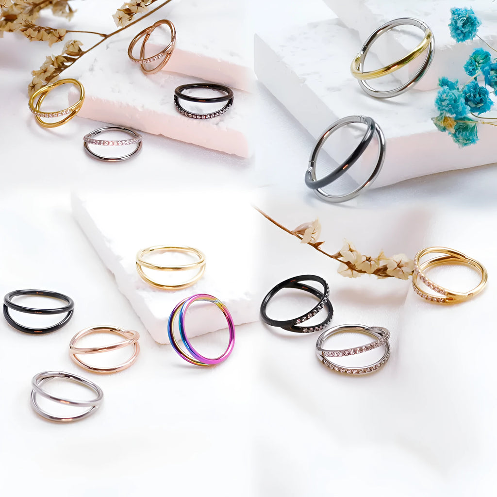 Titanium alloy nose ring or septum piercing in silver, available in multiple lengths and diamond-accented styles.