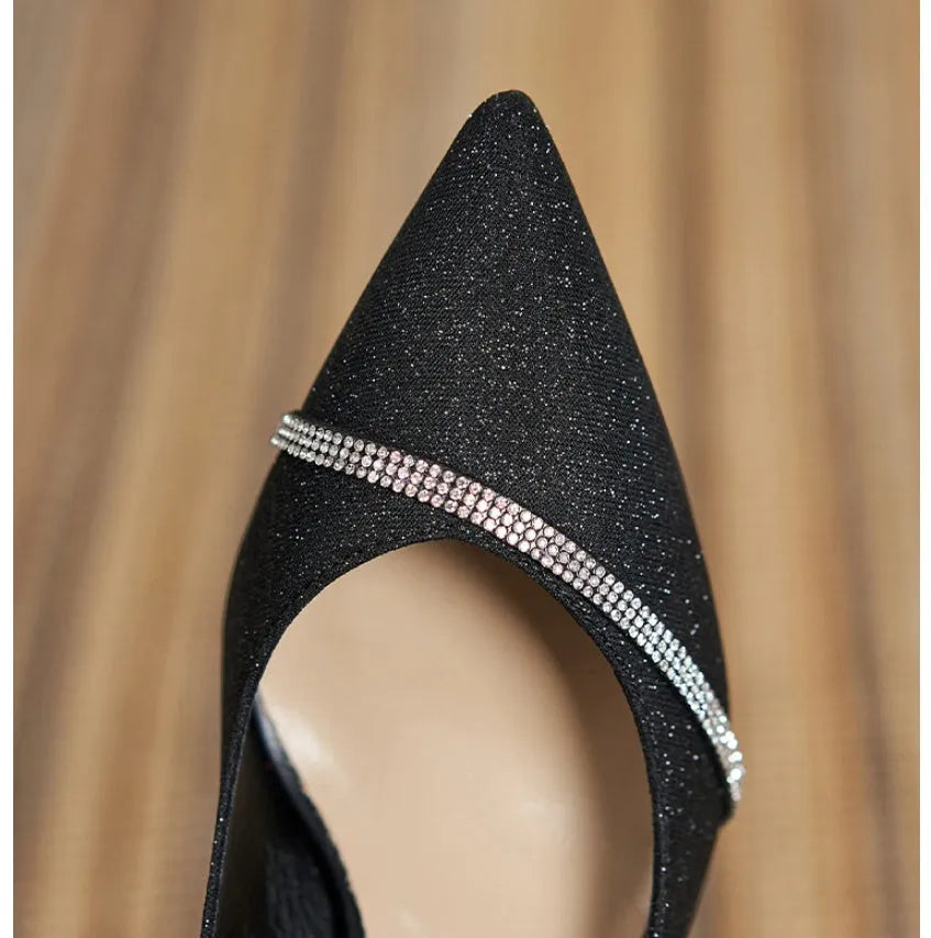Black French style women's high heels with sequined upper and 7cm stiletto heel