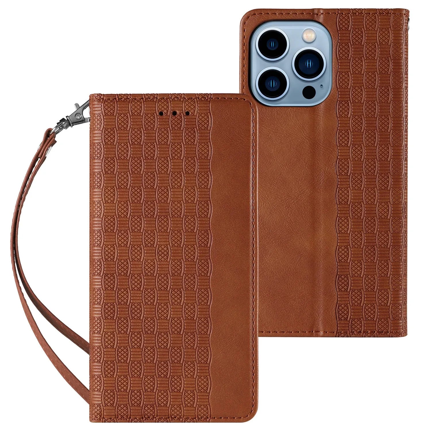 Embossed leather-style flip phone case for iPhone shown in black, brown, blue, and red colours.