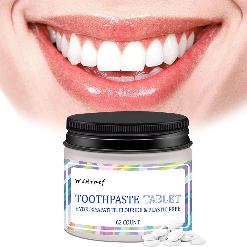 Pack of 62 white solid toothpaste tablets for portable dental cleaning.