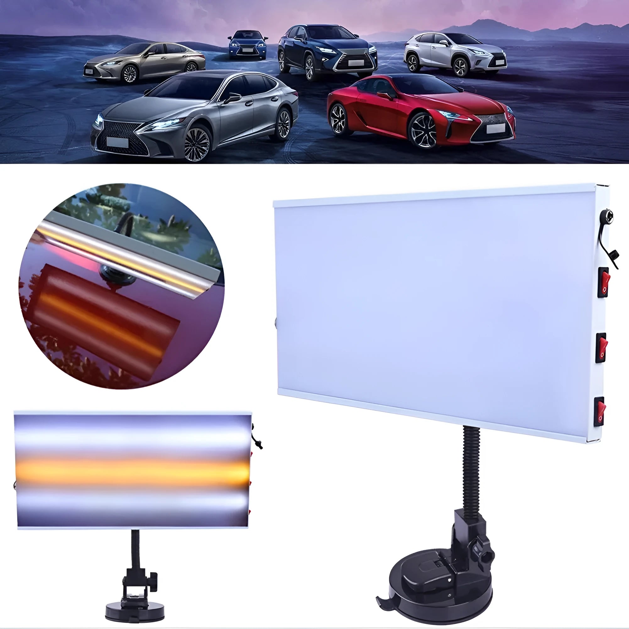 White MPT X009 car dent repair detector suit with concave inspection light on a workshop bench.