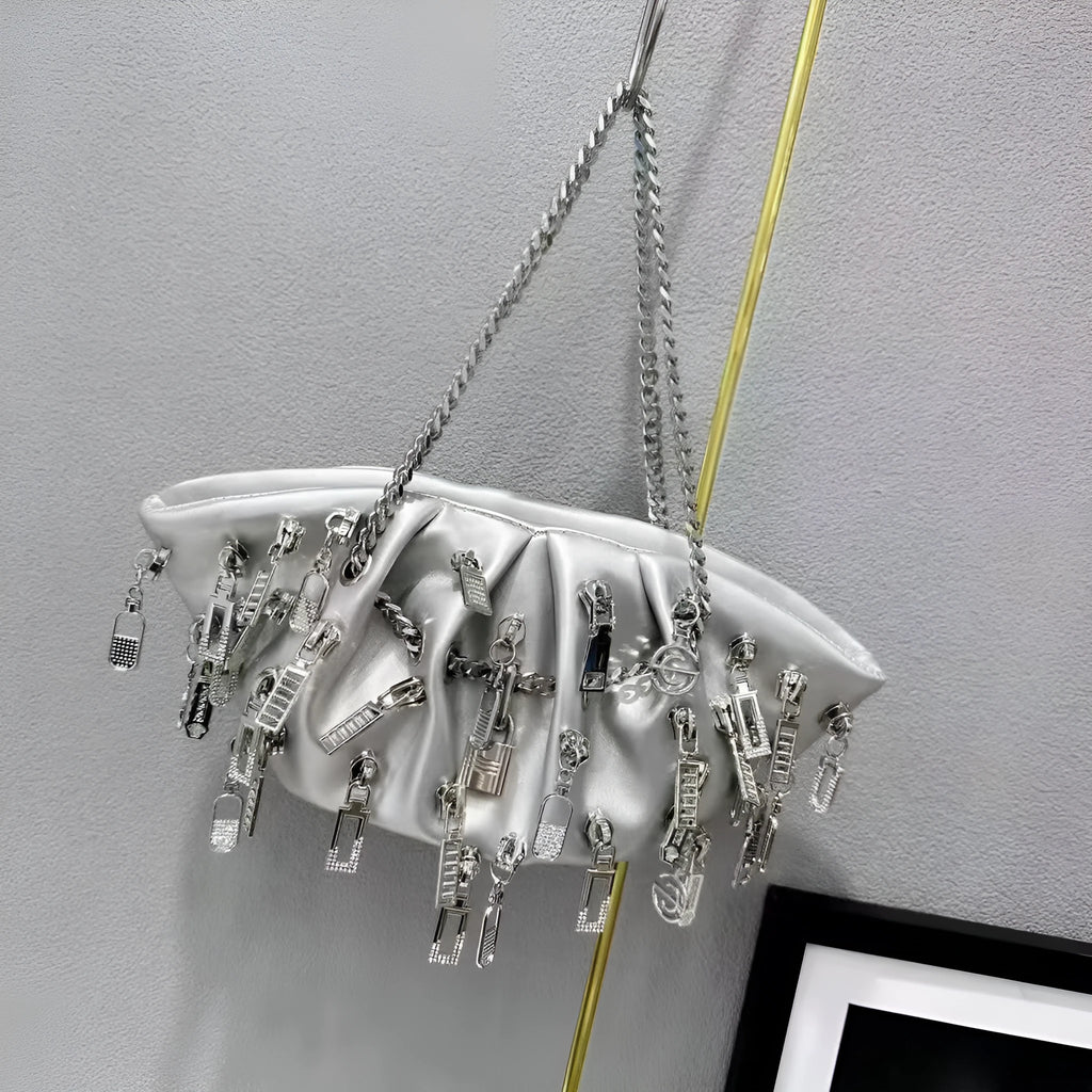 Niche chain cloud shoulder crossbody metal handbag in PU with dumbbell shape, chain and lock details, street trend style