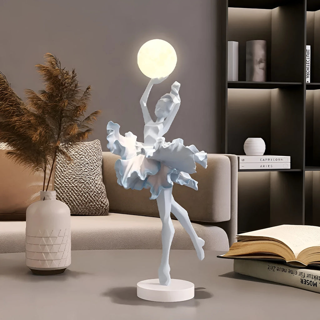 Modern art girl style resin night light with USB charging cable in black gold colour.