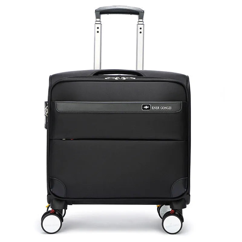 Black 18-inch Oxford cloth carry-on spinner suitcase with telescopic handle on airport carpet.