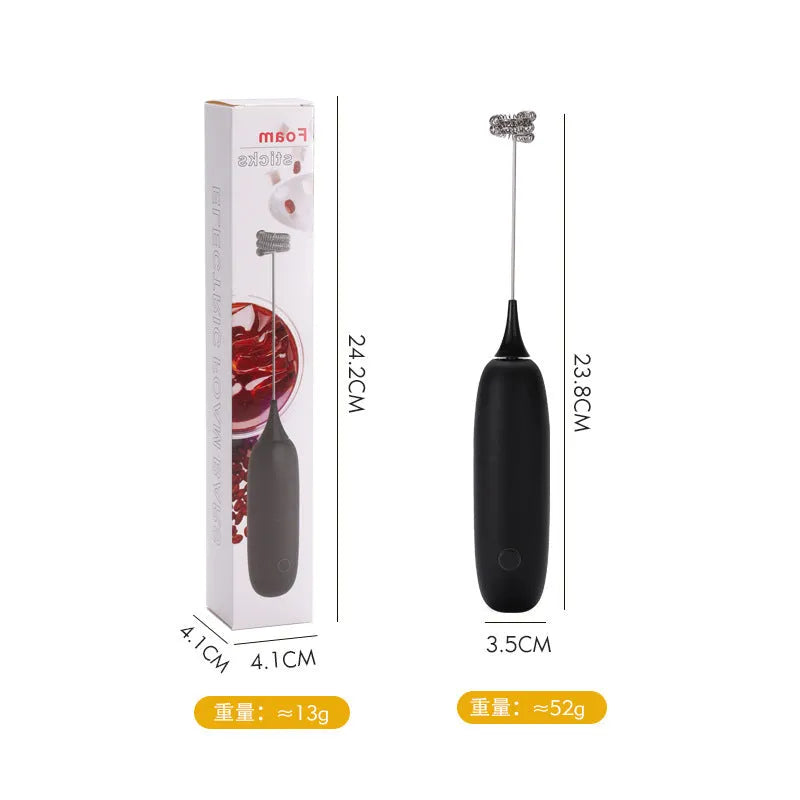 Black and white handheld electric milk frother and blender with modern design