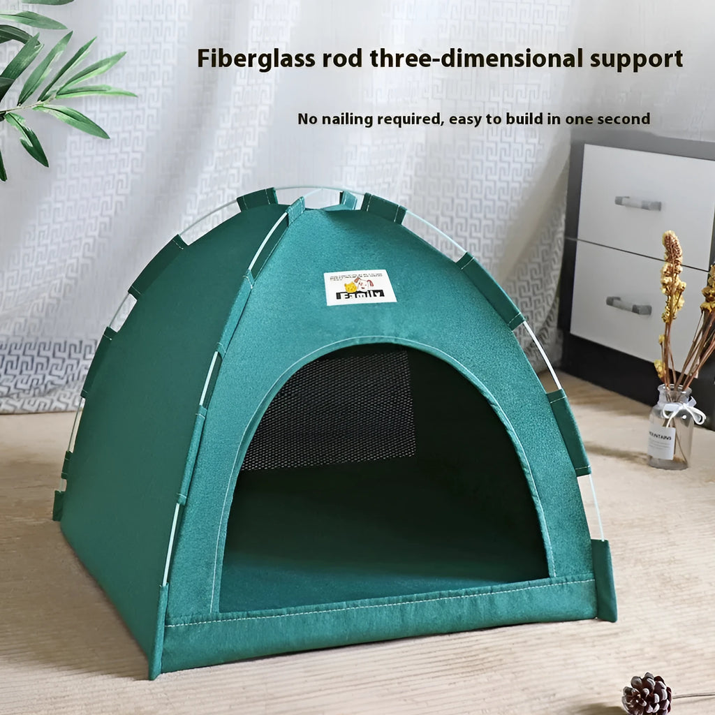 Grey removable washable pet tent bed for cats and small dogs on a wooden floor.