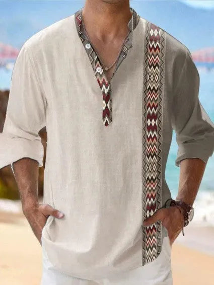 Man wearing a thin, striped Hawaiian-style long sleeve casual shirt in a digital bamboo linen fabric.
