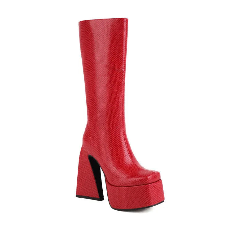 Women's black high boot made of artificial PU leather, shown from the side.