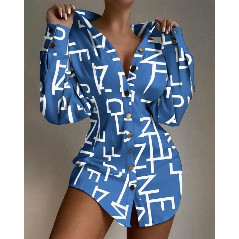 Women's shirt with printed waist-controlled fastener decoration in matel silk fabric, available in multiple colours and sizes.