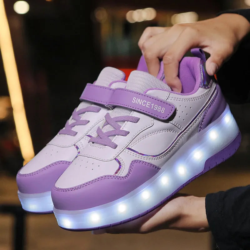 Children's LED flash rollerskates showing 2-wheel and 4-wheel models in multiple colours with illuminated wheels