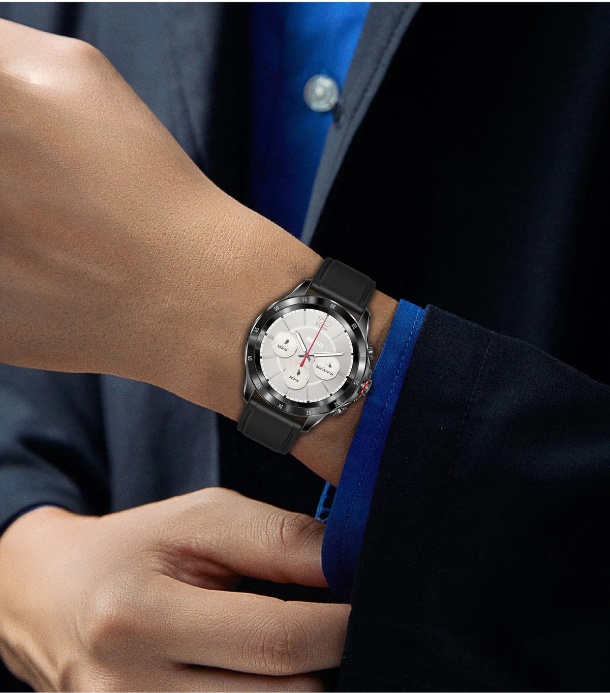 MAX7 smart watch with black silicone strap showing 1.32 inch screen and Bluetooth call interface