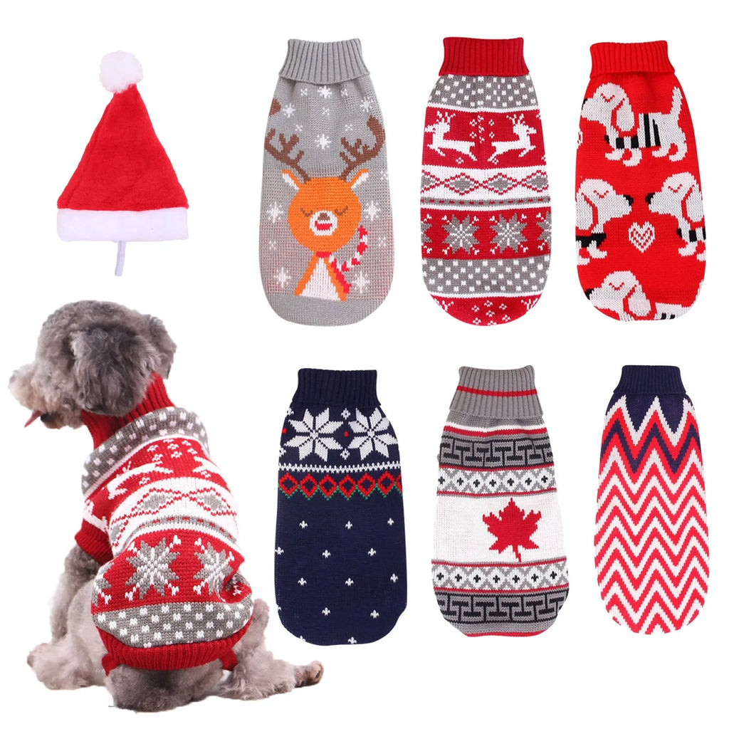 Christmas turtleneck knitting sweater for dogs in red reindeer pattern on a small dog, acrylic fabric, multiple sizes available