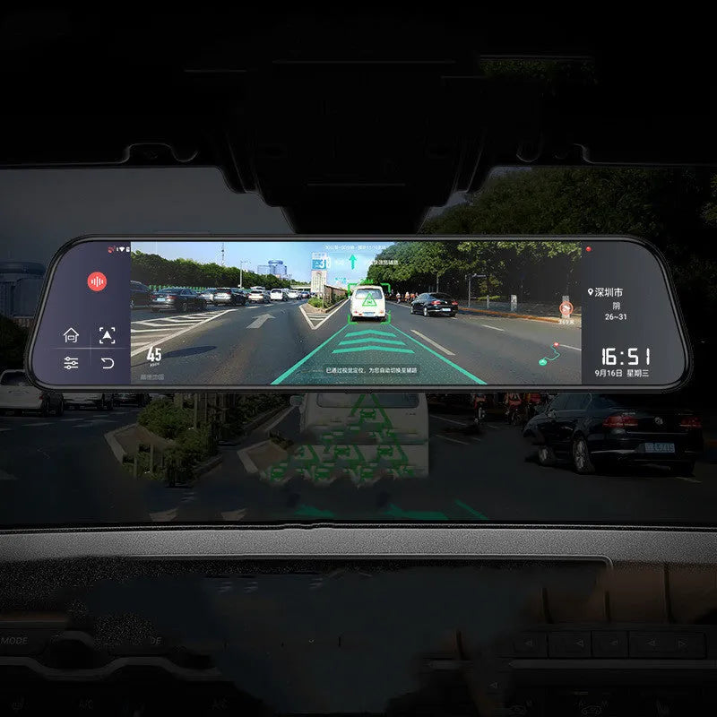 12-inch touchscreen rearview mirror tachograph with dual camera lenses for car recording and GPS navigation