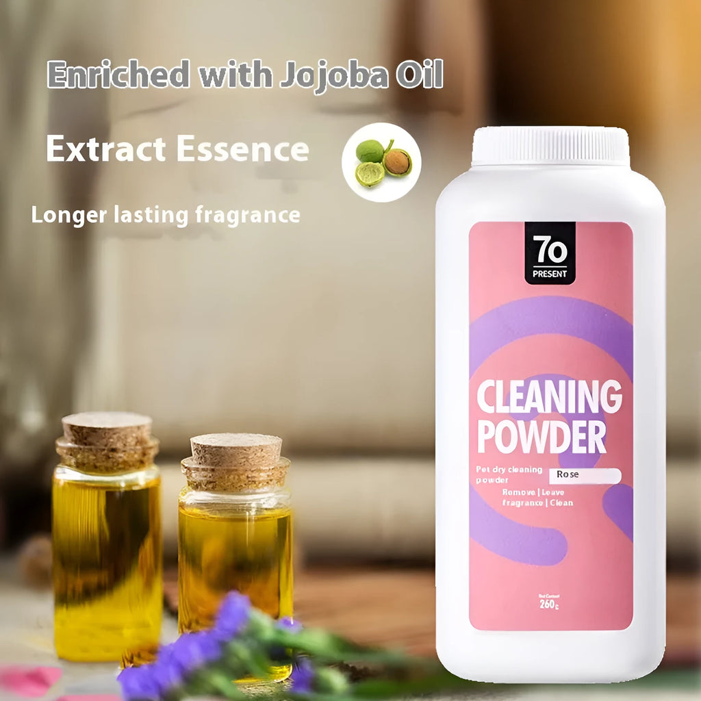260g dog dry cleaning powder container measuring 15.5x5x6cm with three fragrance options