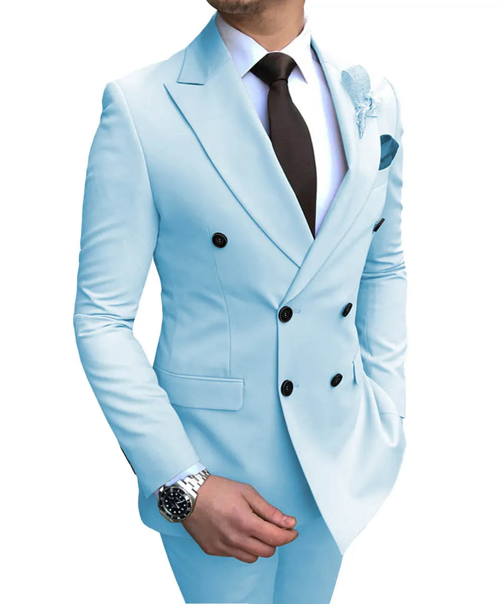 Double breasted slim-fit cotton wedding groomsman suit in black with flat lapel collar and back vent