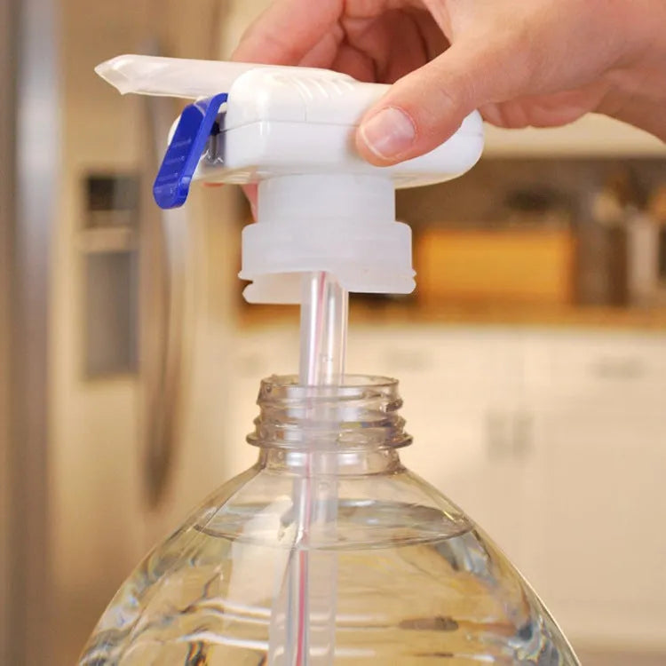 Manual electric pumping water device with long silicone straw and blue pressure handle on a drink bottle