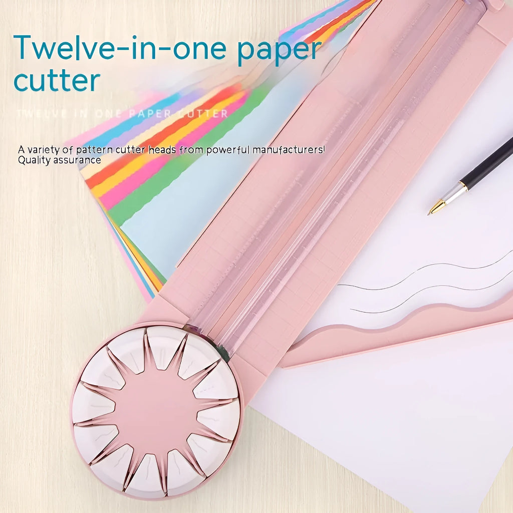 Pink and black 12-in-1 decorative edge paper cutting machine for A4 paper on a desk.