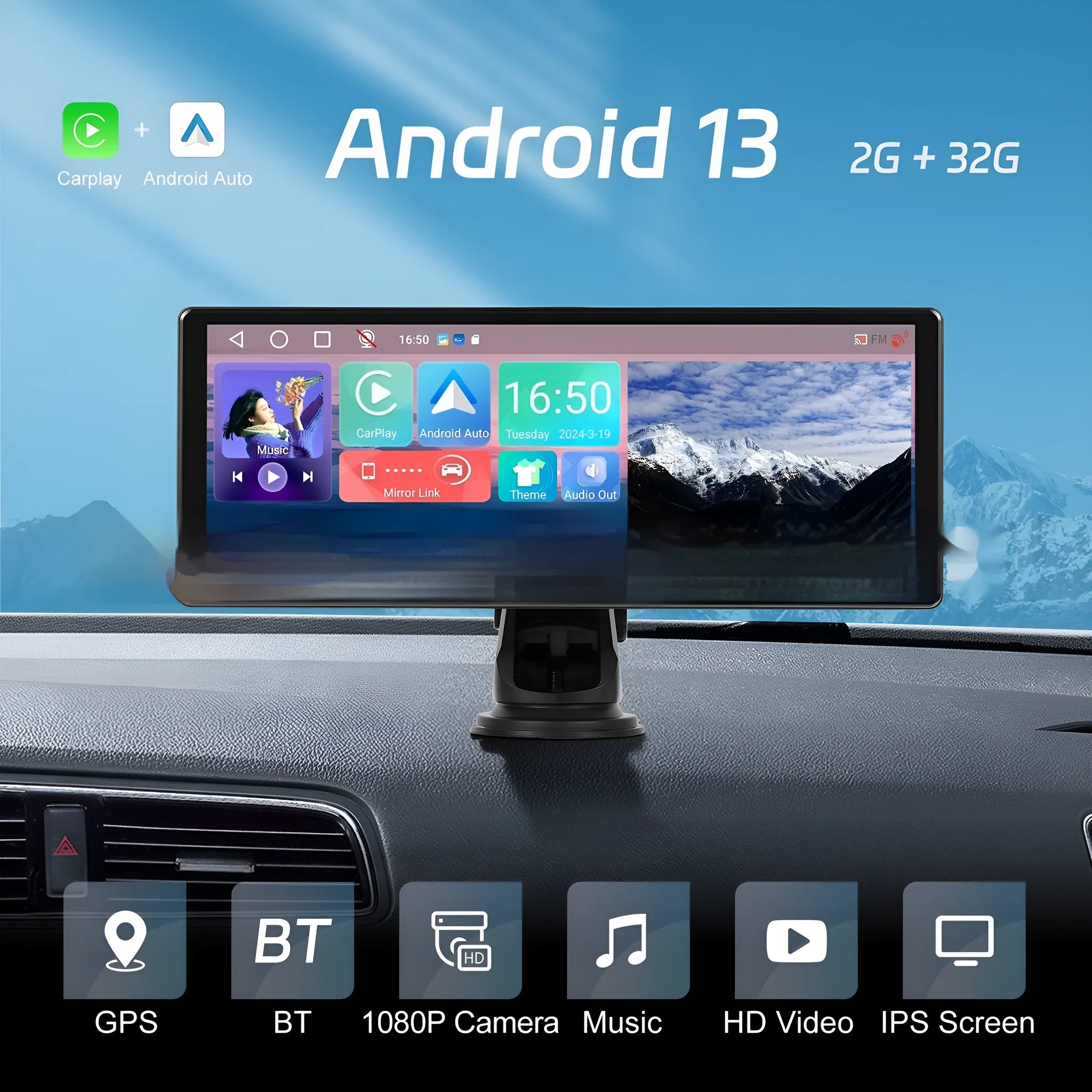 11.3 inch Android car display touchscreen with wireless CarPlay and Android Auto on dashboard