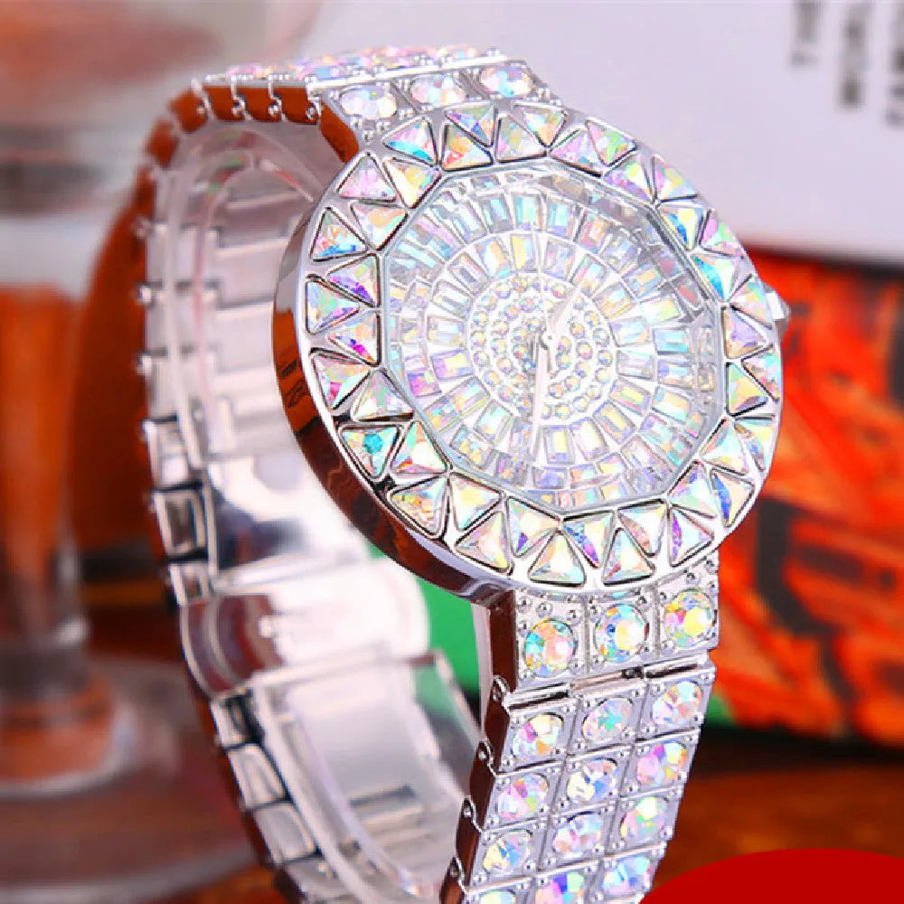 Diamond-studded rhinestone quartz full drill 43mm waterproof fashion watch with sapphire glass and alloy band