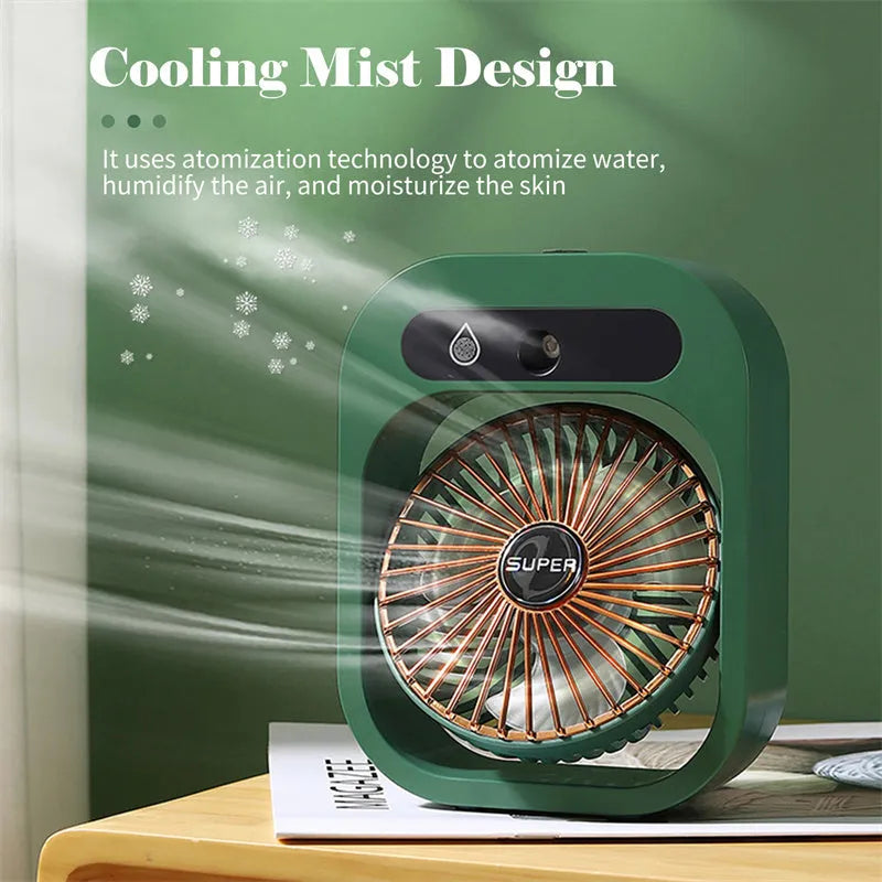 Green and white USB portable desk misting fan with humidifier function and adjustable wind direction