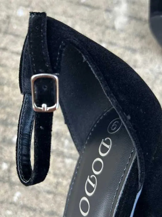 Black women's 13cm chunky heel platform sandals with suede upper and ankle-strap buckle