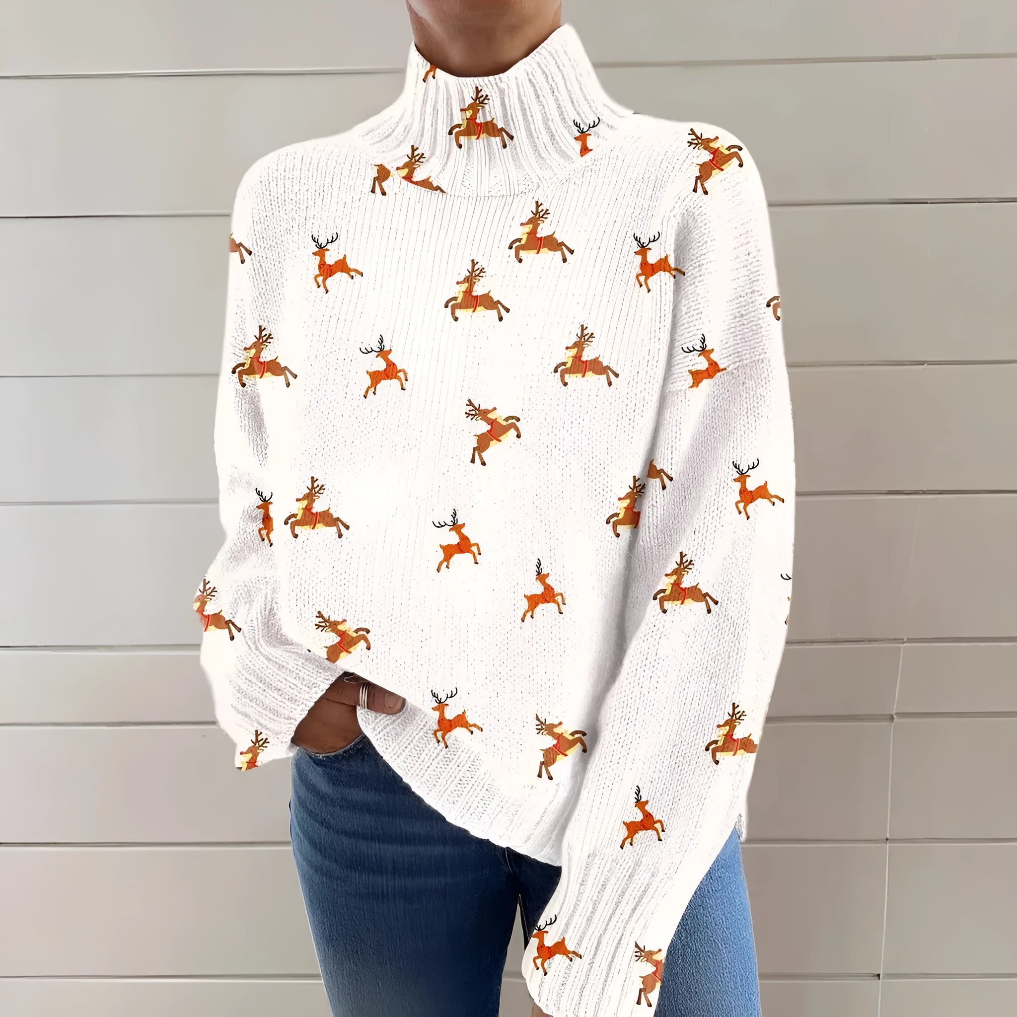 Women's loose-fit Christmas printed turtleneck sweater in macaron colours