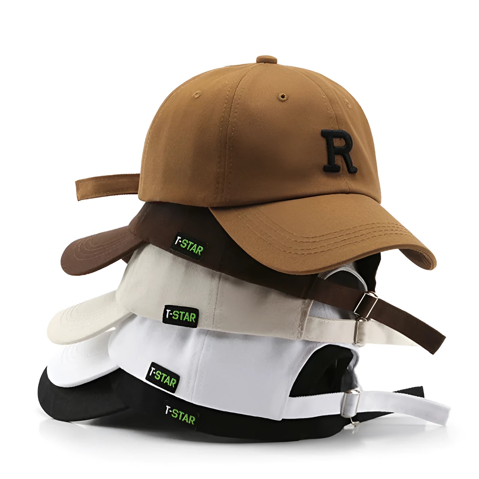 Adjustable cotton baseball cap with embroidered letter R in beige colour, dome style, unisex design