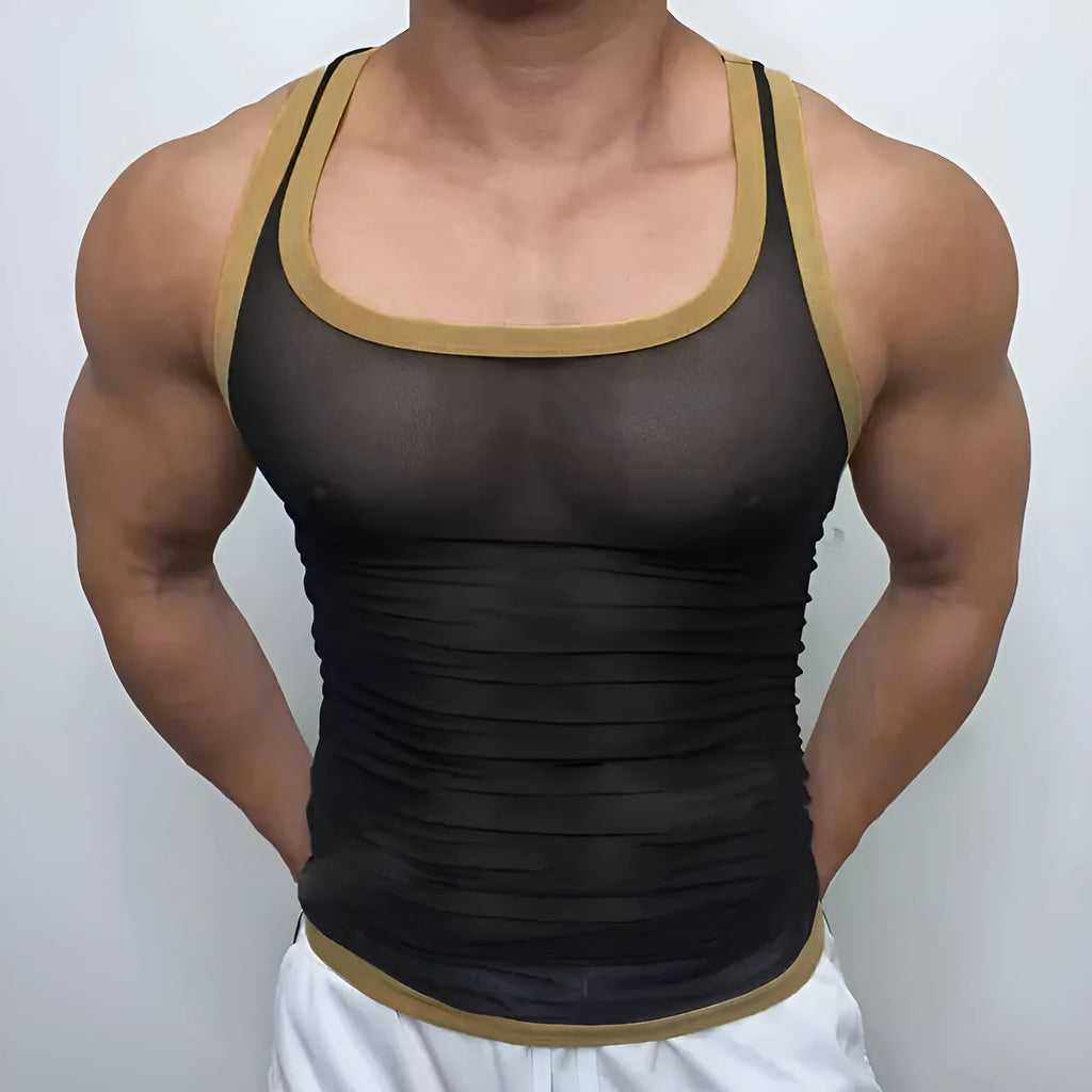 Men's black mesh fitness vest with straight hem design on white background