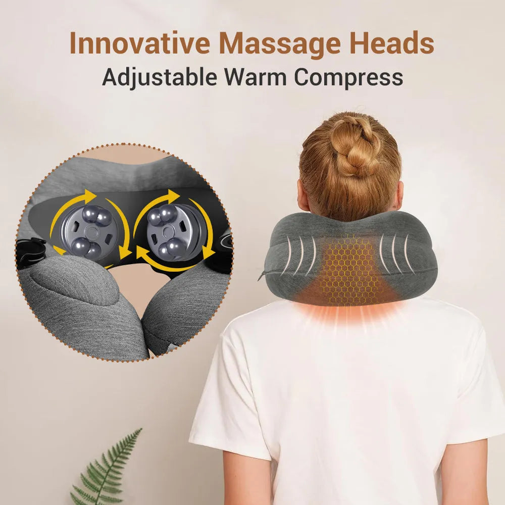Gray inflatable U shape neck massager pillow with kneading 3 modes, deflated on a table with carry bag and USB cable