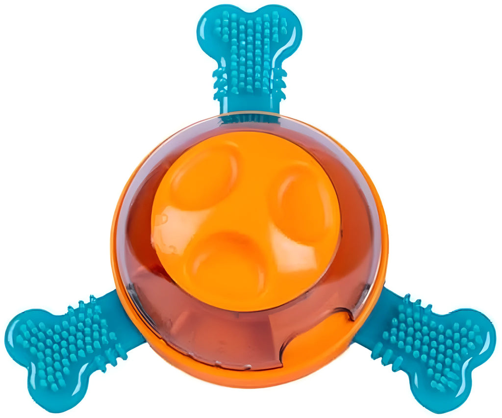 Blue rubber interactive dog chew toy and slow feed puzzle dispenser on a floor.