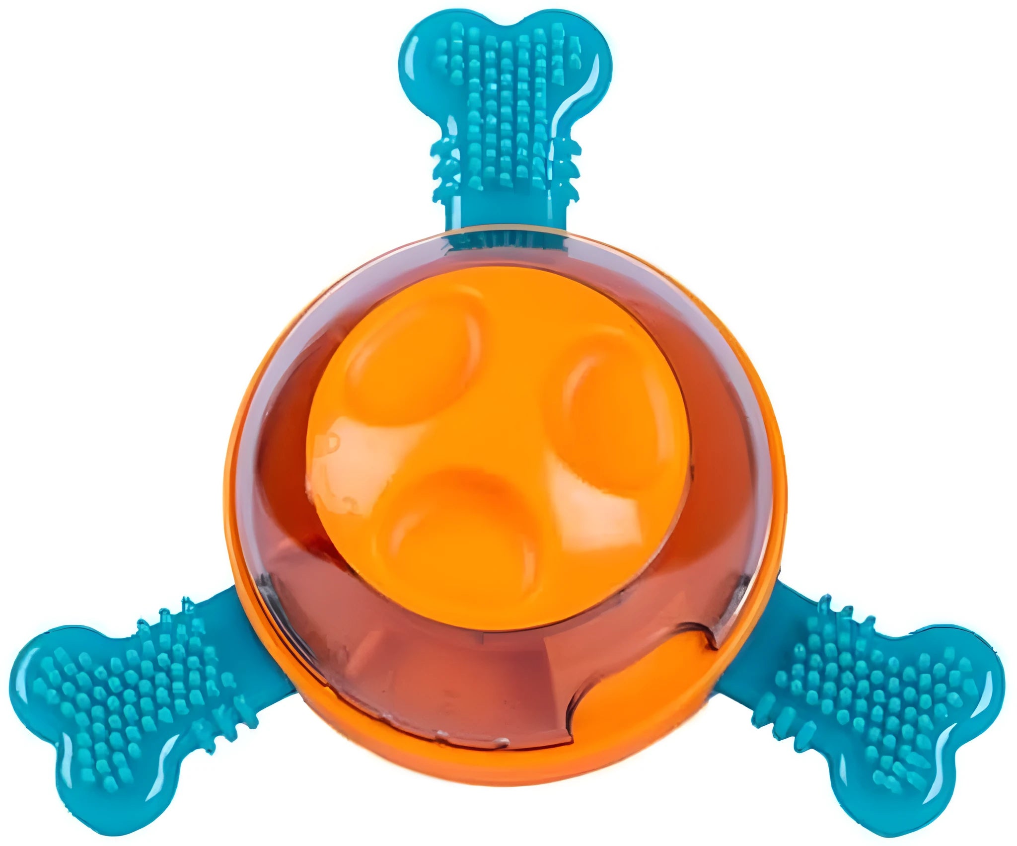 Blue rubber interactive dog chew toy and slow feed puzzle dispenser on a floor.