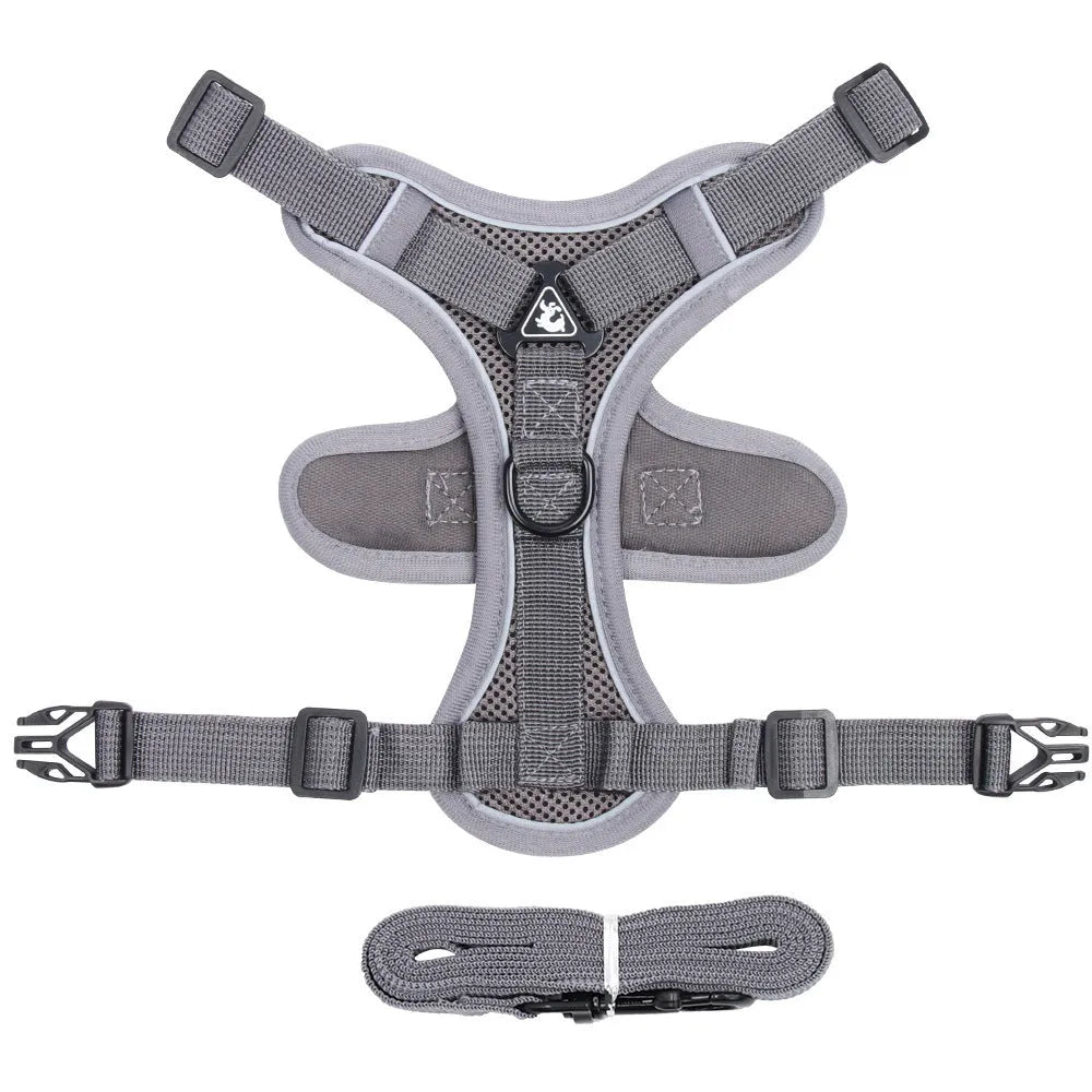 Adjustable mesh cat harness with reflective strips in Blue, Coffee, or Gray colours