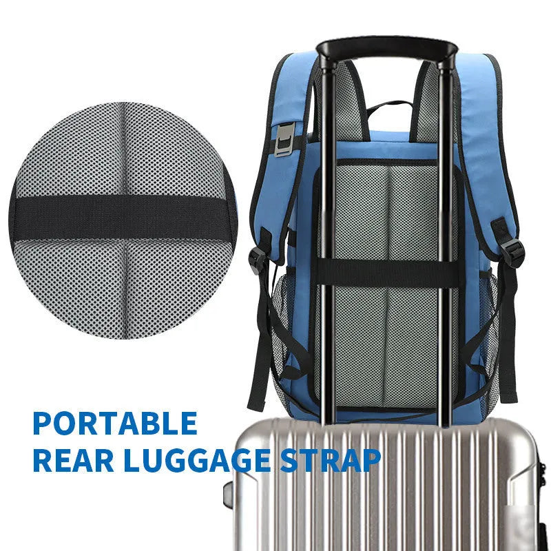Cloth backpack with integrated bottle opener on shoulder strap, shown in available colours.