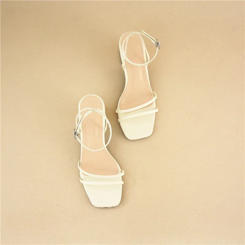 Women's beige square toe stiletto sandals with chunky heel and ankle buckle