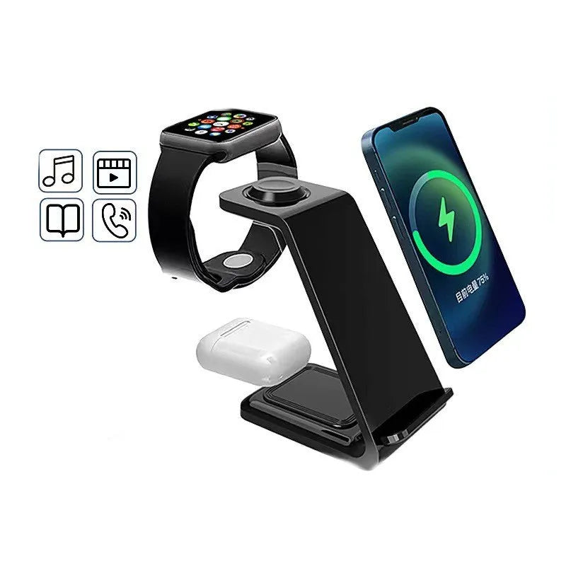 White upright wireless charging stand holding a mobile phone, with a smartwatch and earbuds case charging on its base.
