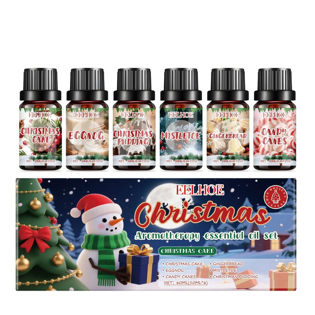 Six-bottle Christmas aromatherapy oil set with warm scent for home diffusers.