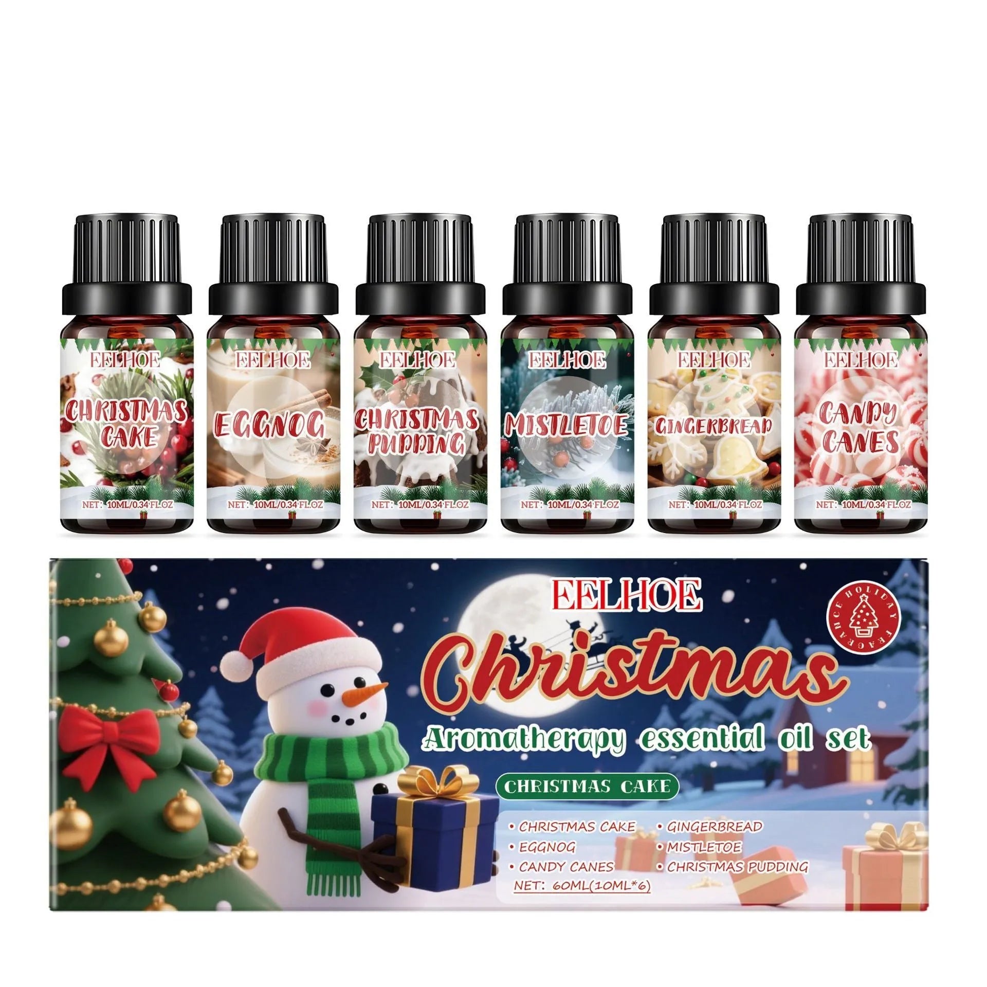 Six-bottle Christmas aromatherapy oil set with warm scent for home diffusers.