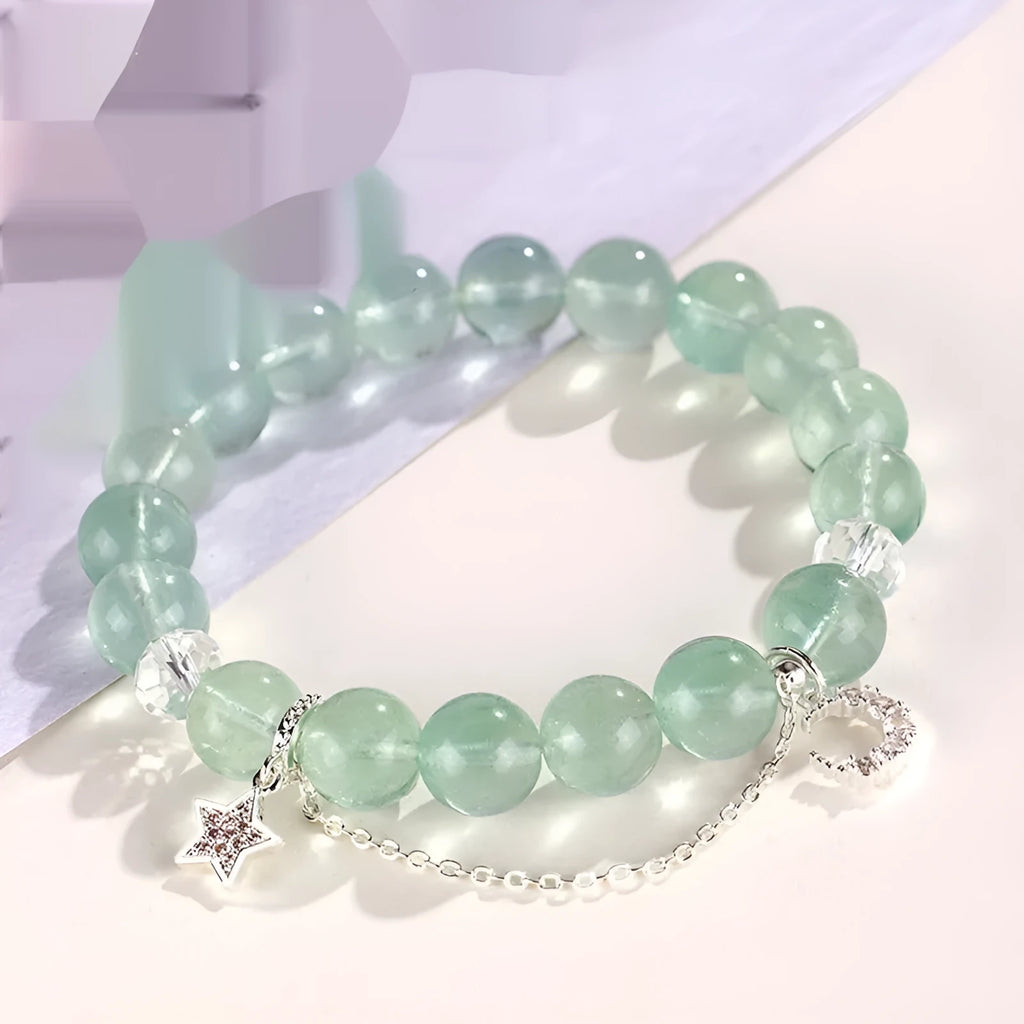 Green fluorite star and moon princess bracelet with white crystals and electroplated finish