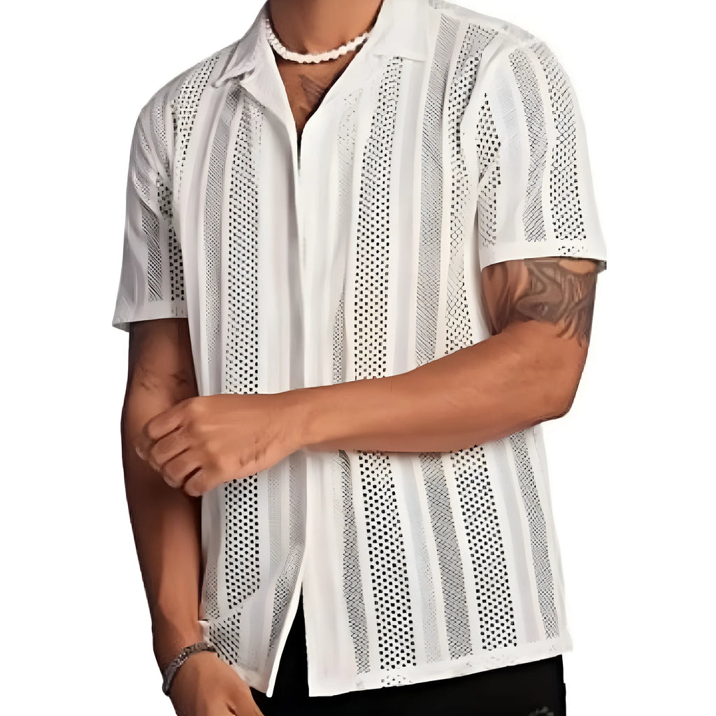 Man wearing a white knitted short-sleeved button cardigan shirt with textured Jacquard pattern.