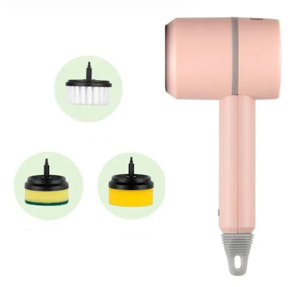 Green electric cleaning brush with three interchangeable scouring pad, brush, and sponge heads on a white background.