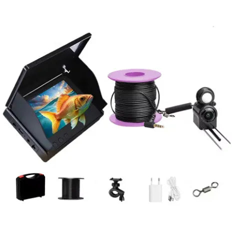 Underwater fish finder HD camera with 4.3-inch IPS screen, showing night vision lights and choice of 15m, 20m, or 30m cable.