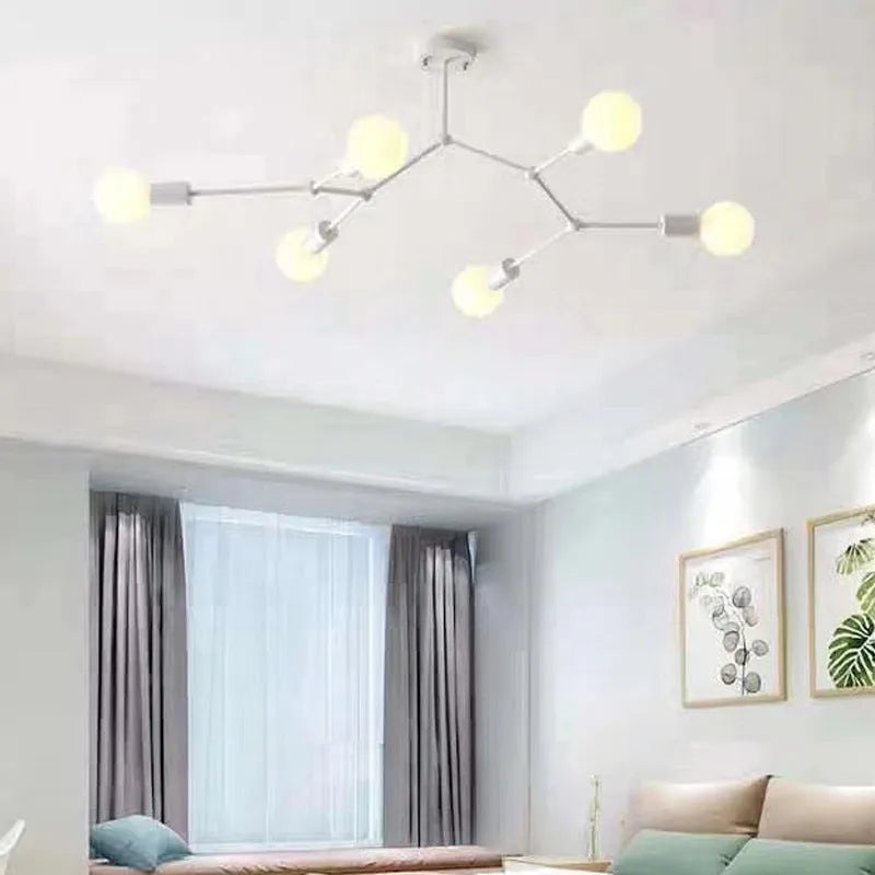 Nordic style black iron chandelier with multiple lights hanging from a ceiling