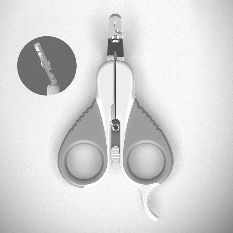 Grey and pink angled cat nail clippers with safety guard and rubber-coated handles.