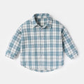 Boys' long sleeve cotton shirt with lattice and cartoon patterns in khaki, shown on a hanger