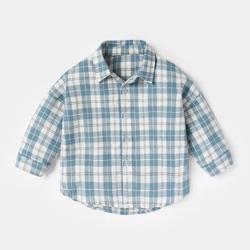 Boys' long sleeve cotton shirt with lattice and cartoon patterns in khaki, shown on a hanger